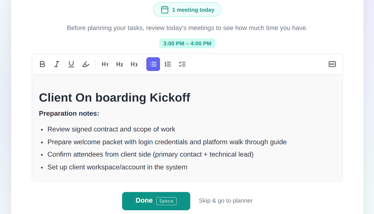 todovo.io meeting planning with Google Calendar sync showing today's meetings and talking points