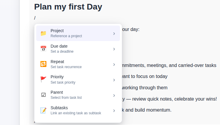 todovo.io rich text editor with slash command menu showing project, due date, and priority options