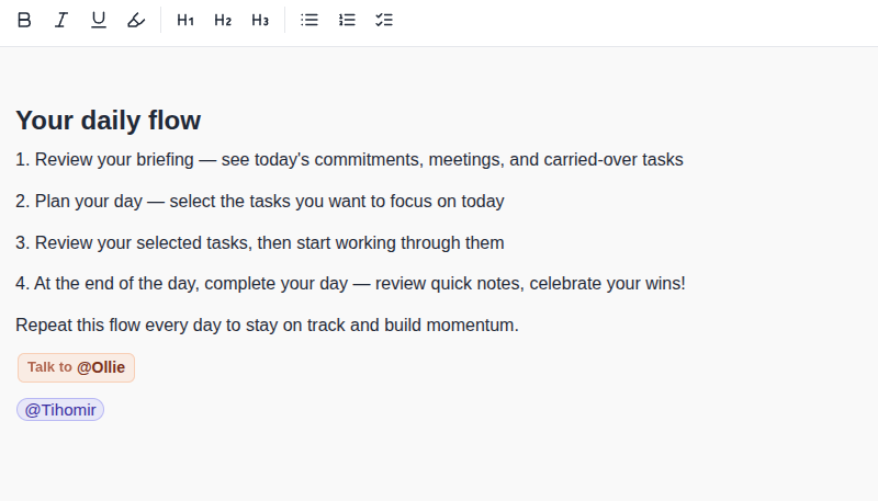 todovo.io people management showing @mentions and talk-to tags across tasks