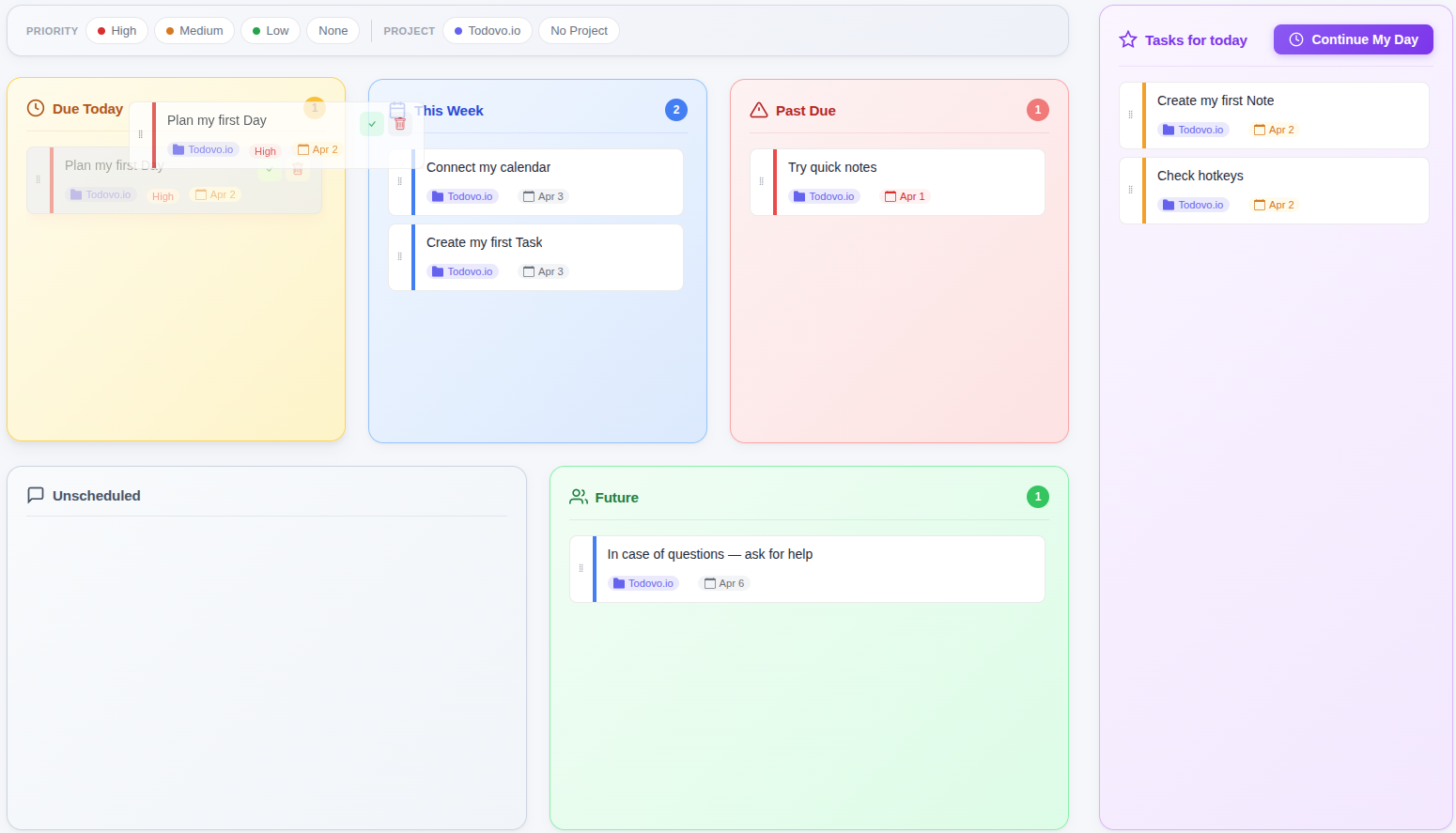 todovo.io day planner with drag-and-drop task prioritization by category