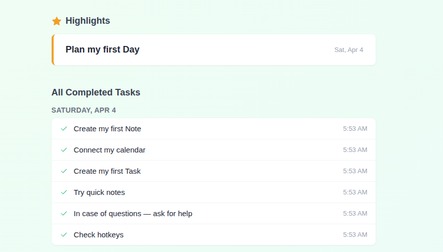 todovo.io weekly review showing daily summaries, accomplishments, and patterns across the week