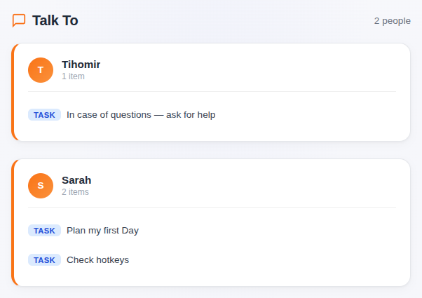 todovo.io editor showing Talk to @Sarah tag that surfaces in morning planning and before meetings