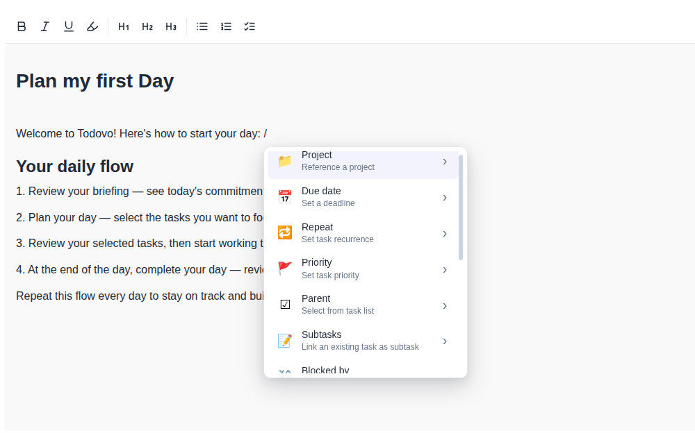 todovo.io rich text editor with slash command menu and inline project and due date nodes