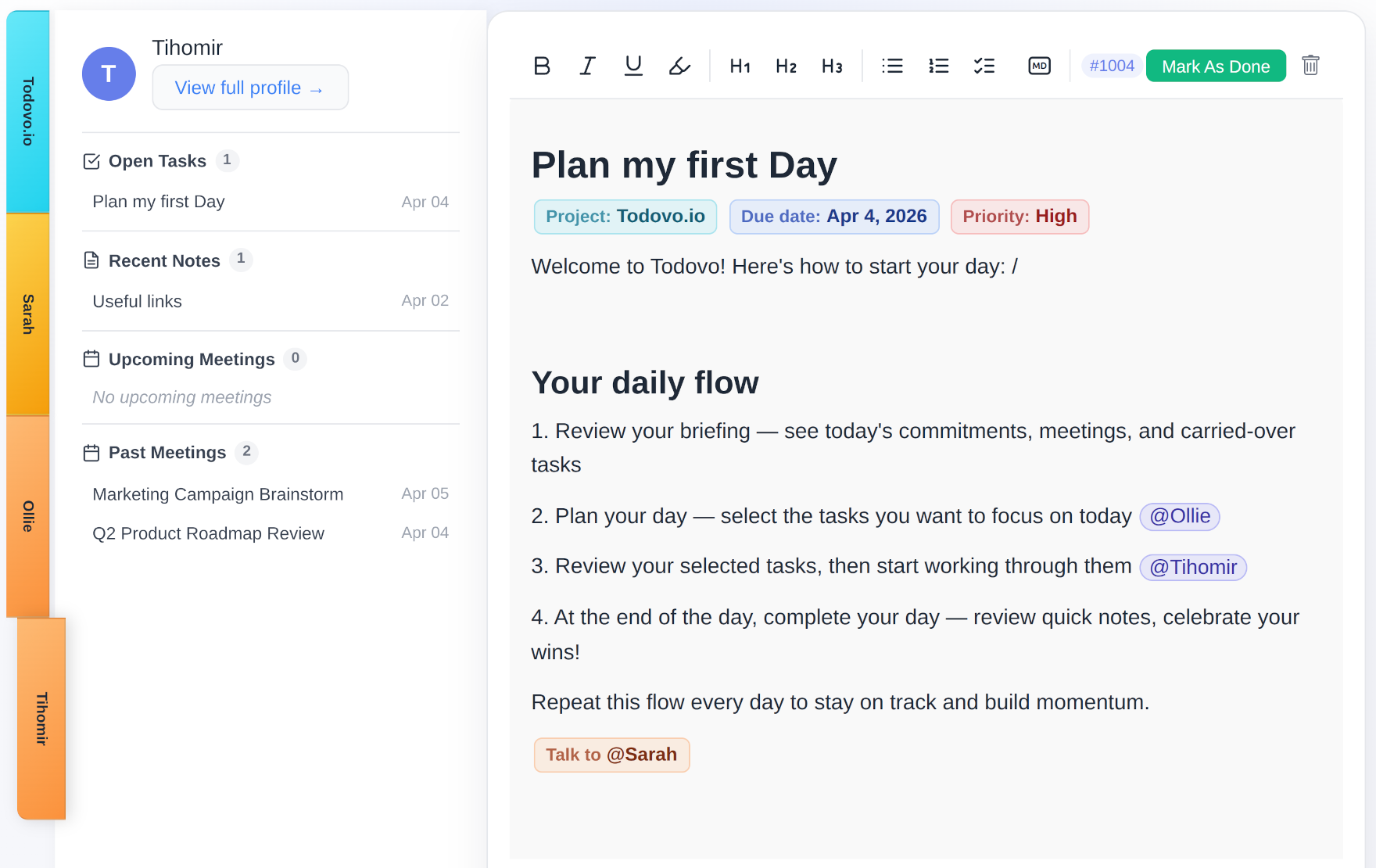todovo.io people management with @mentions and related tasks