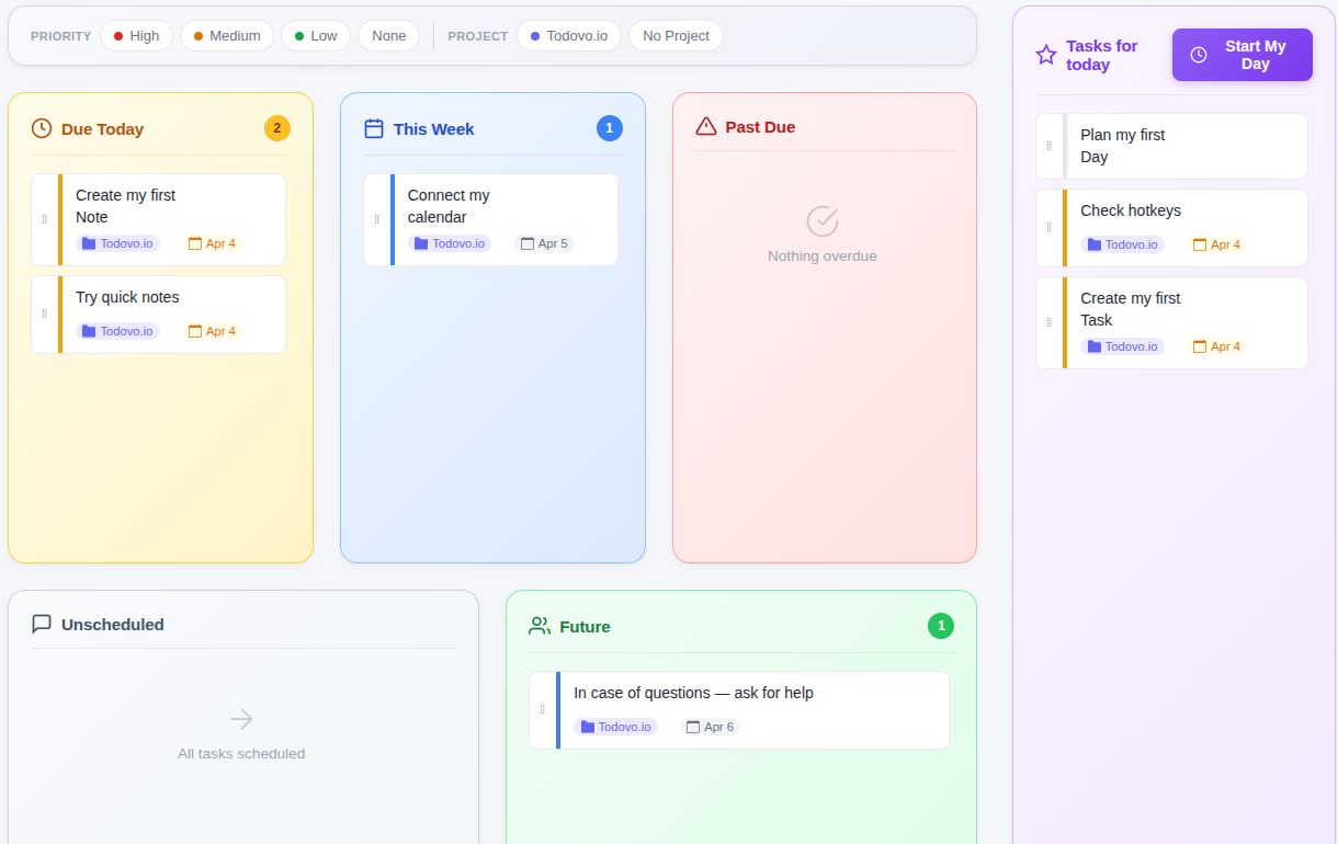 todovo.io day planner showing auto-categorized tasks and drag-and-drop daily planning