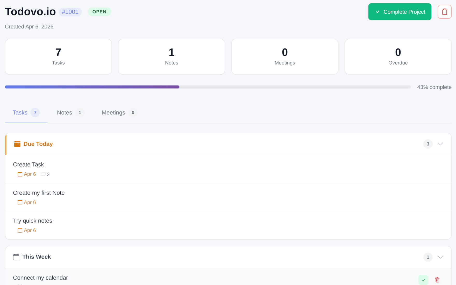 todovo.io projects with color-coded labels and progress tracking