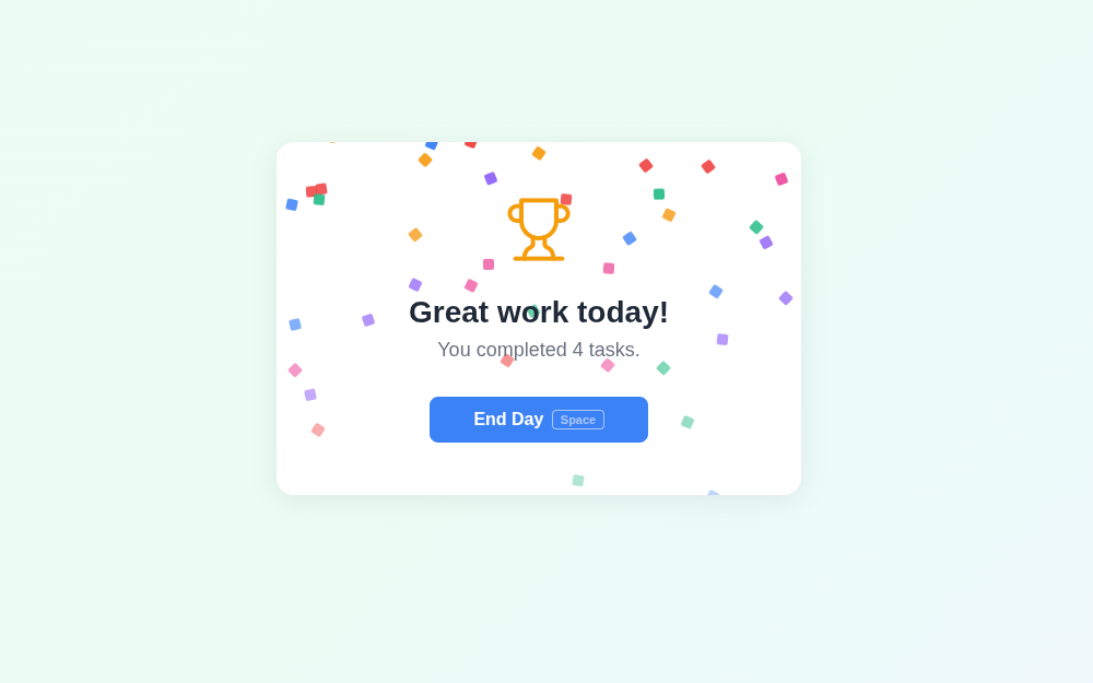 todovo.io end-of-day celebration showing completed tasks and daily summary