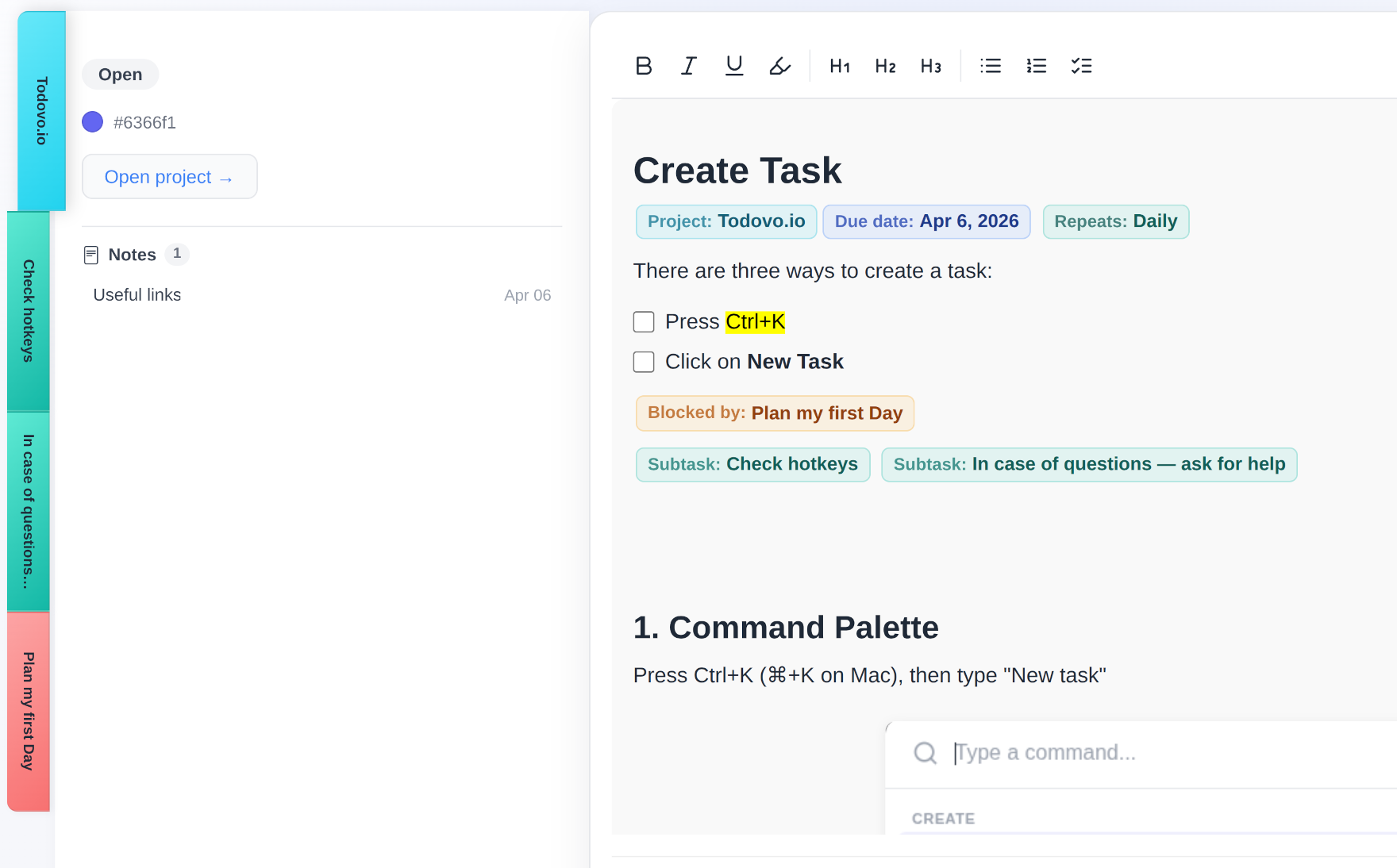 todovo.io task management showing task detail with subtasks, project, and related items