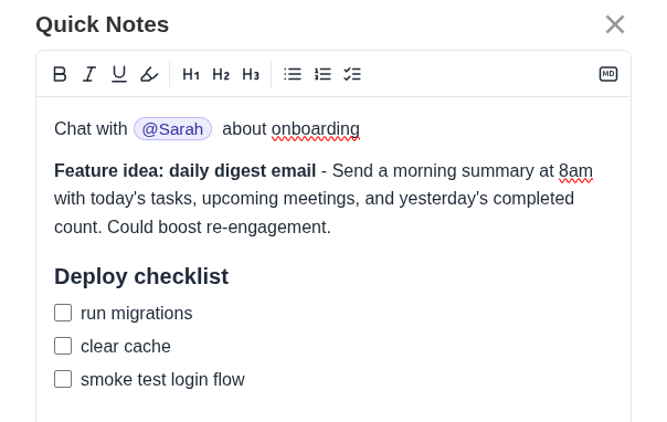 todovo.io board view with daily notes sidebar open for quick capture