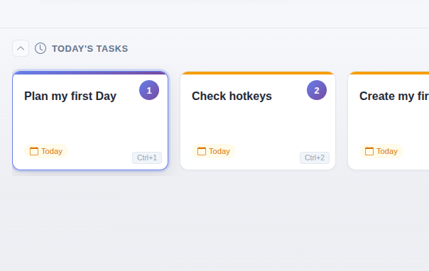 todovo.io board view with task carousel showing keyboard shortcuts for instant task switching