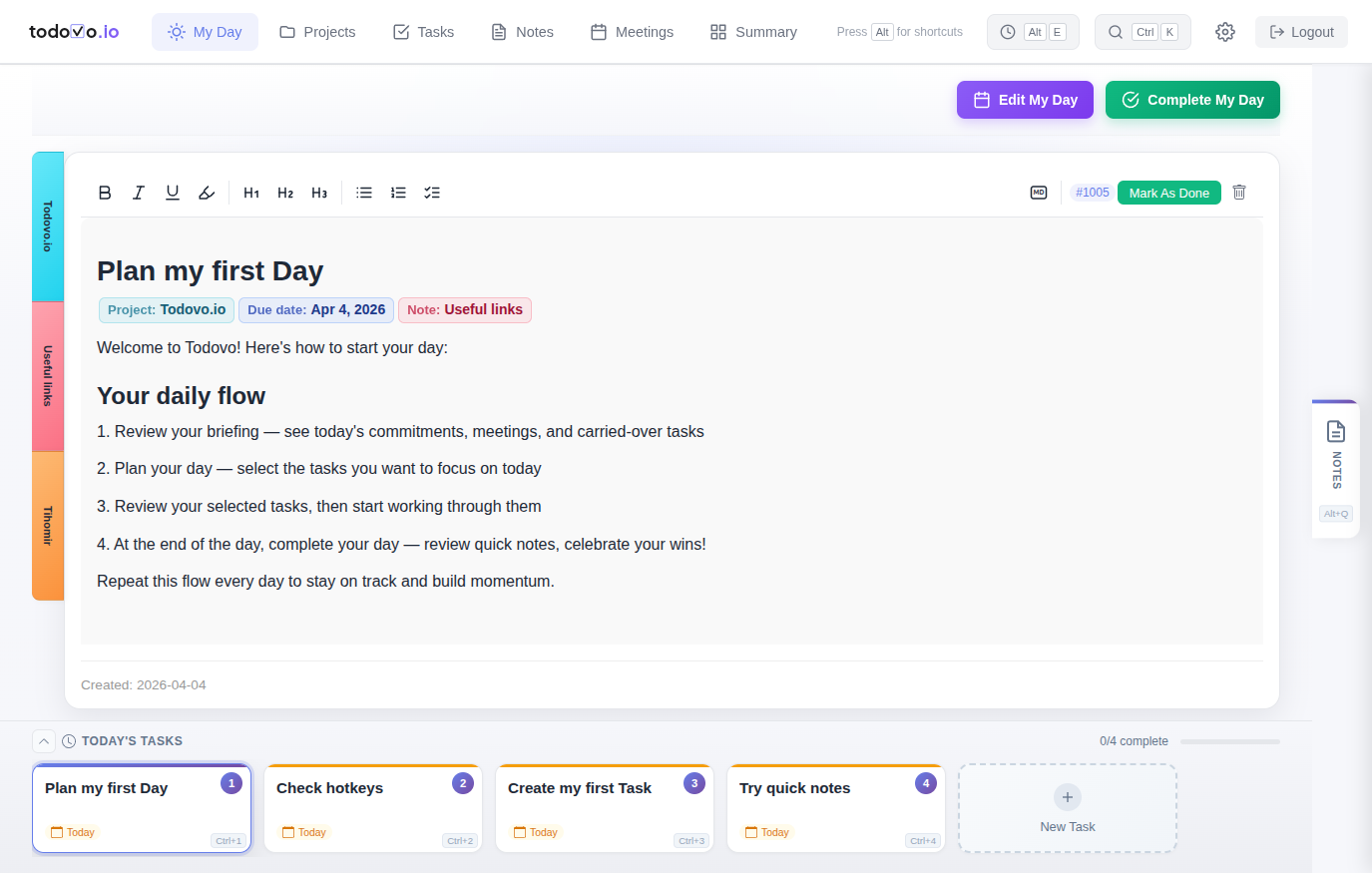 todovo.io My Day board view showing task editor, daily task carousel, and project sidebar