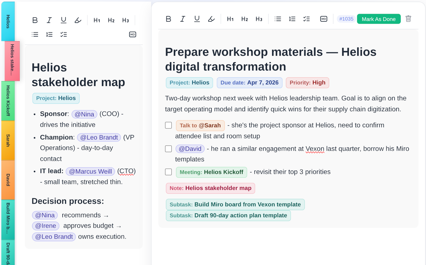 todovo.io day planner showing consultant tasks and meetings across multiple colour-coded client projects