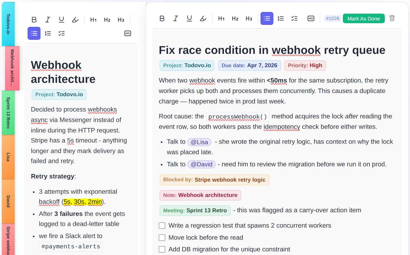 todovo.io editor with a dev task open — subtasks, due date, and slash command menu visible