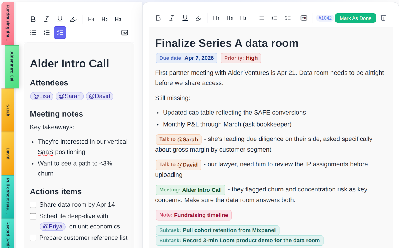 todovo.io day planner showing a founder's tasks across strategy, hiring, product, and investor responsibilities