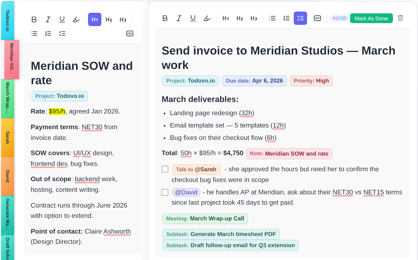 todovo.io day planner showing freelancer tasks across multiple colour-coded client projects