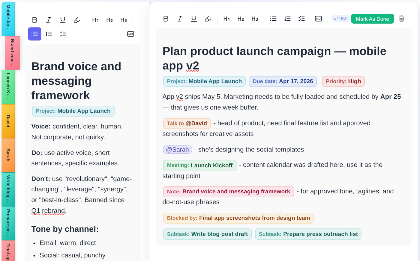 todovo.io day planner showing a marketing manager's tasks across colour-coded campaign projects