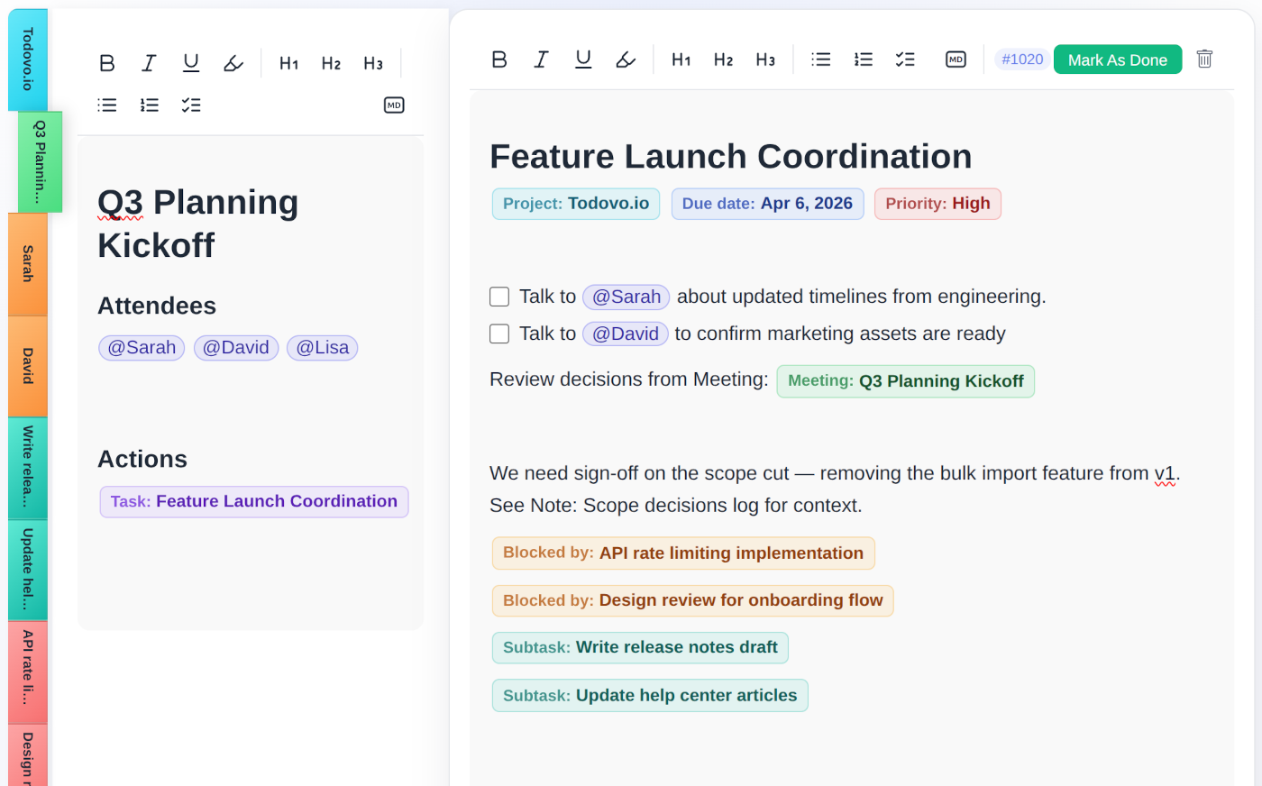 todovo.io board view showing product manager tasks: Sprint planning, Roadmap review, Stakeholder sync