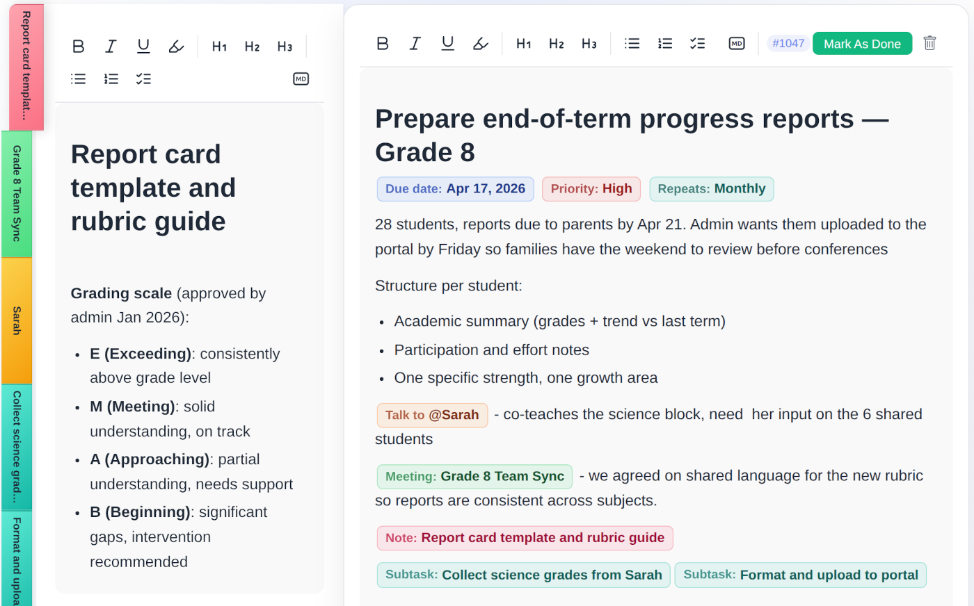 todovo.io day planner showing a teacher's tasks organised across colour-coded subject projects