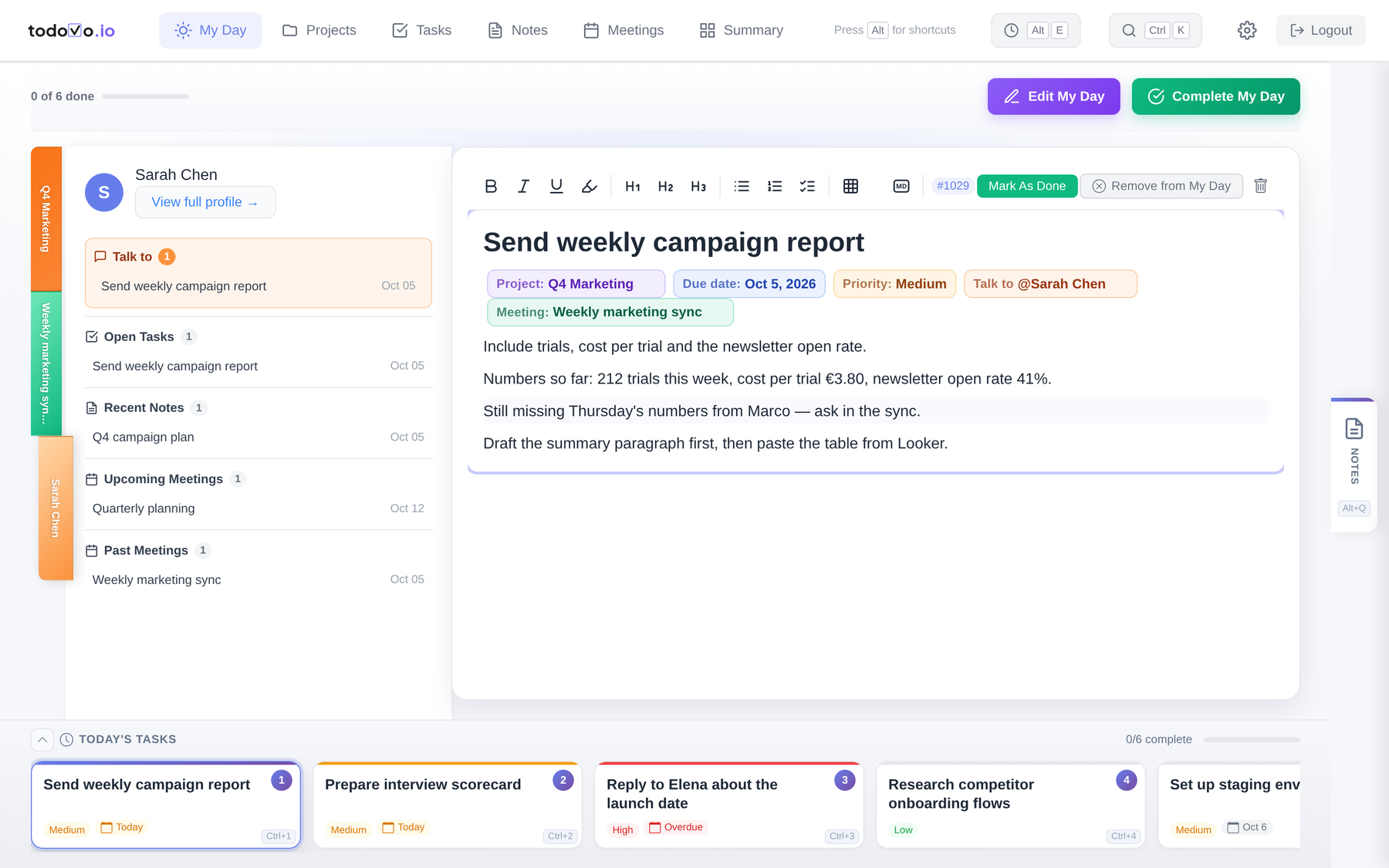 todovo related items: the person mentioned in the task opened on the left with their tasks and meetings