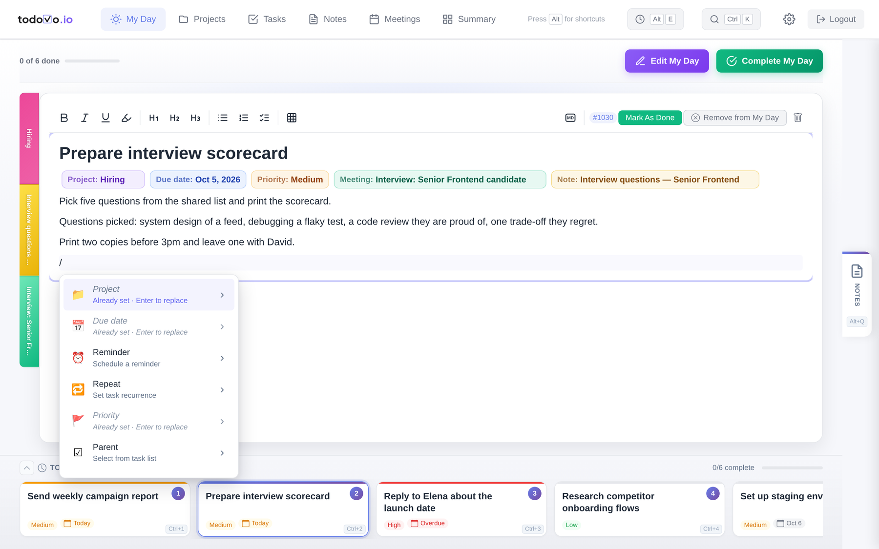 todovo editor with the slash menu open: project, due date, subtask, mention, reminder and priority