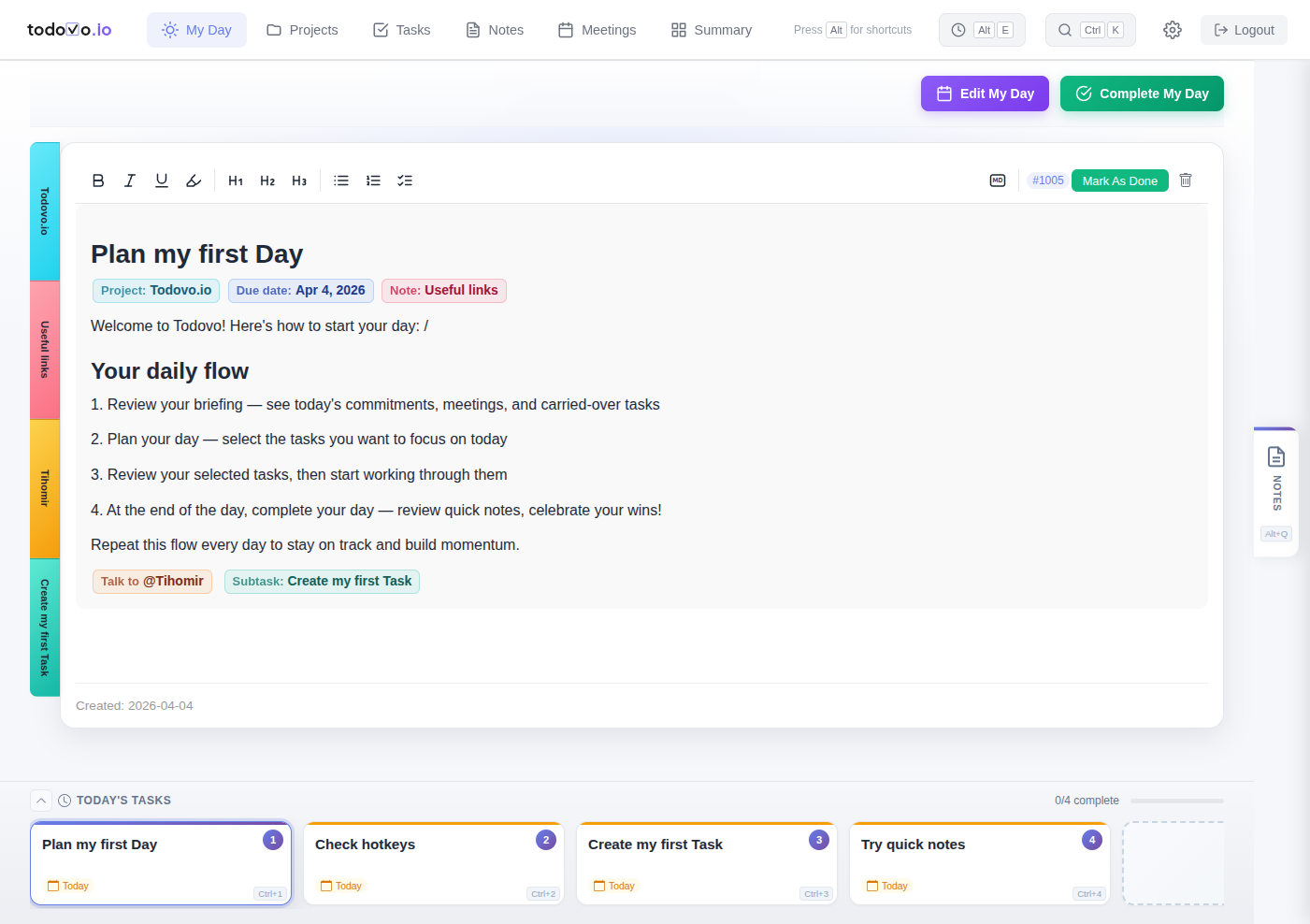 todovo.io board view with related items panel showing collapsed sidebar tabs