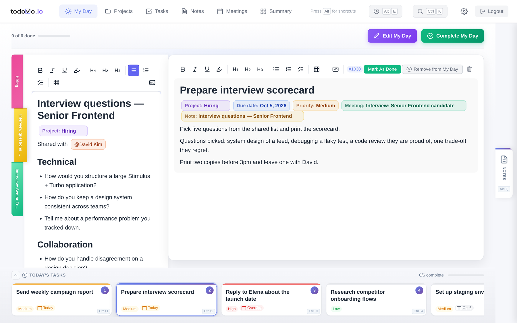 todovo related items: a linked note opened on the left next to the task being edited