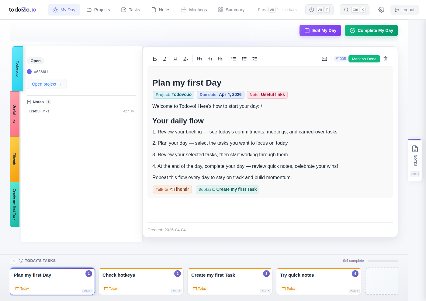 todovo.io related items panel with project tab expanded