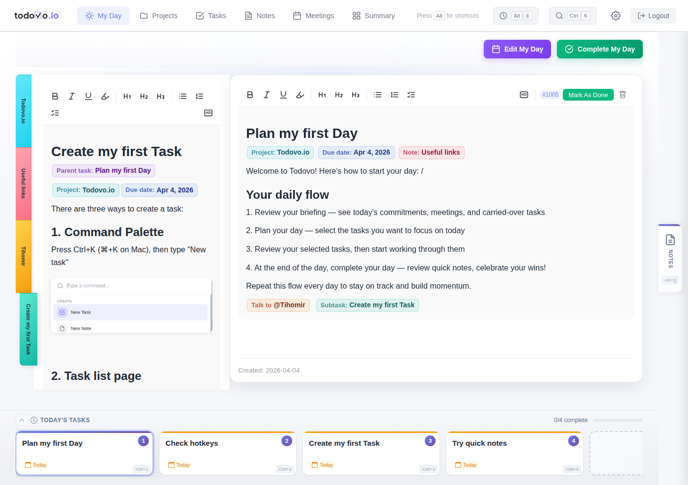 todovo.io related items panel with linked task tab expanded