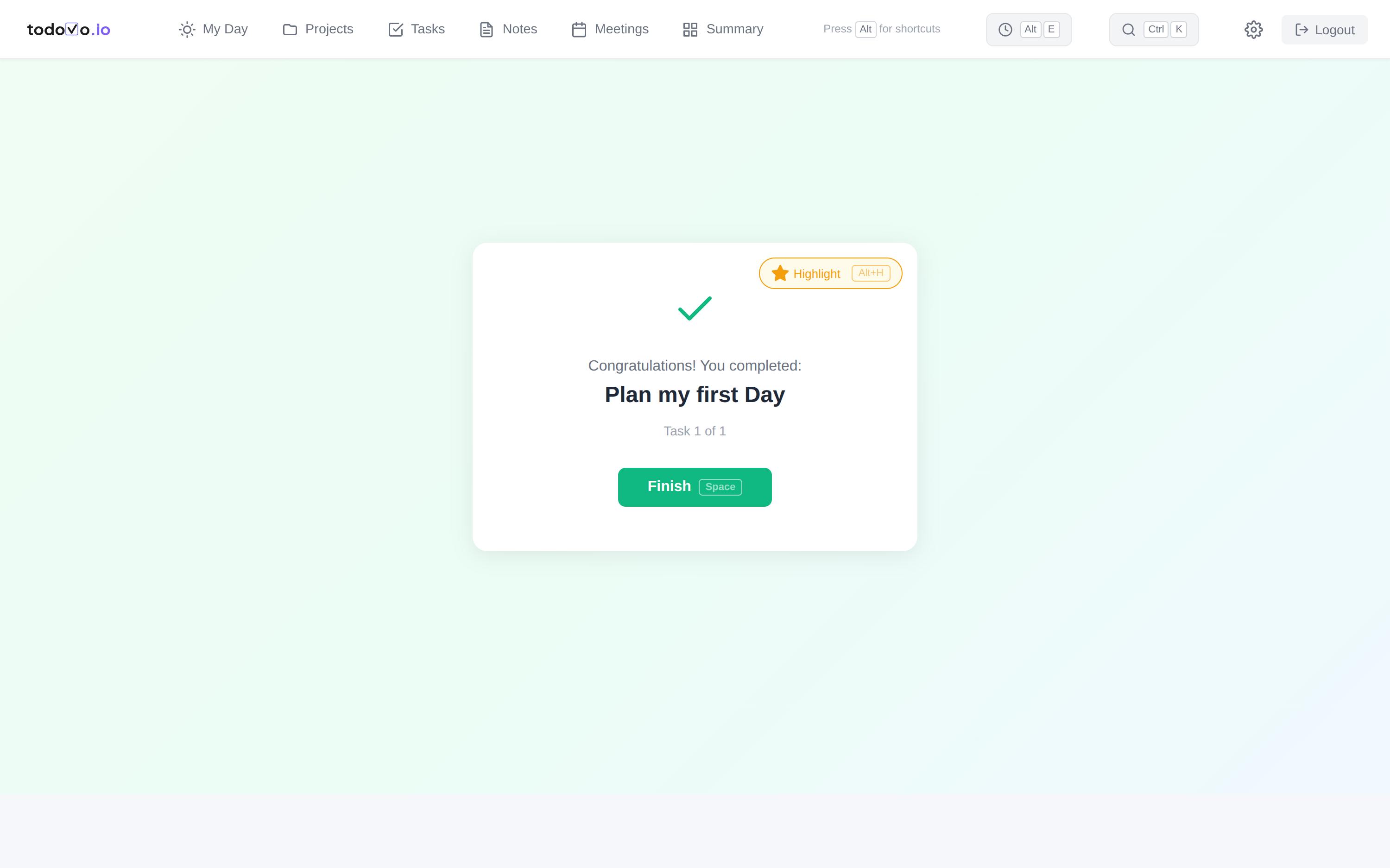 todovo.io end-of-day celebration showing completed tasks and daily accomplishments
