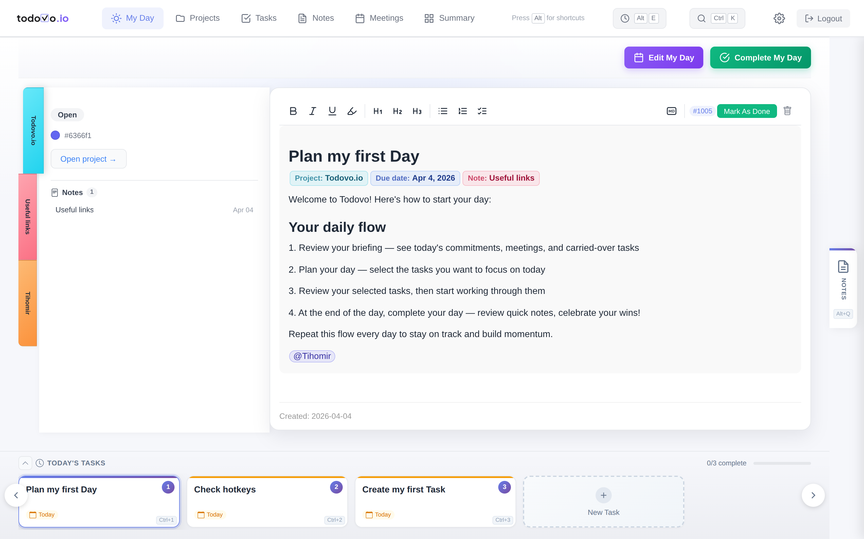 todovo.io board view showing task carousel, editor with inline nodes, and quick notes sidebar