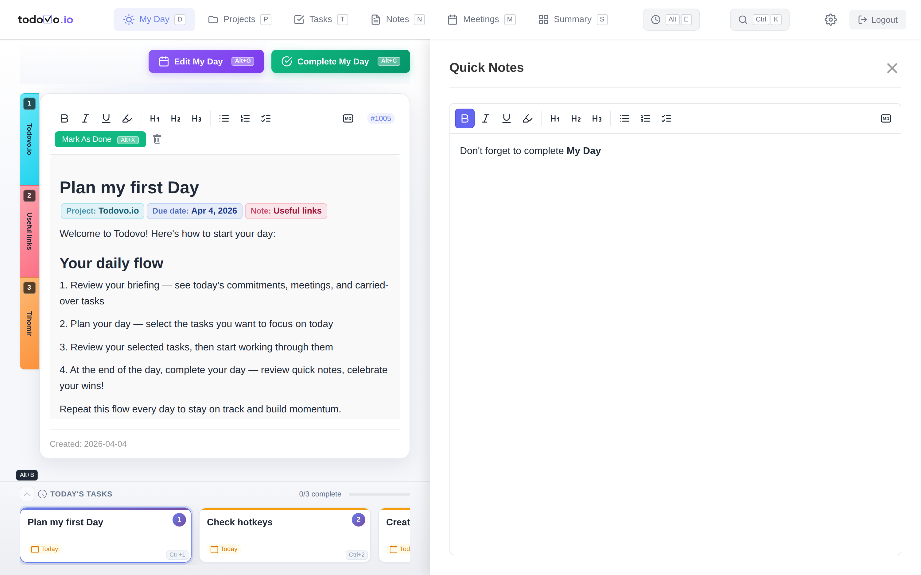 todovo.io keyboard shortcuts: Ctrl+1/2/3 to switch tasks, Alt+Q for quick notes, Cmd+K for command palette, / for slash menu