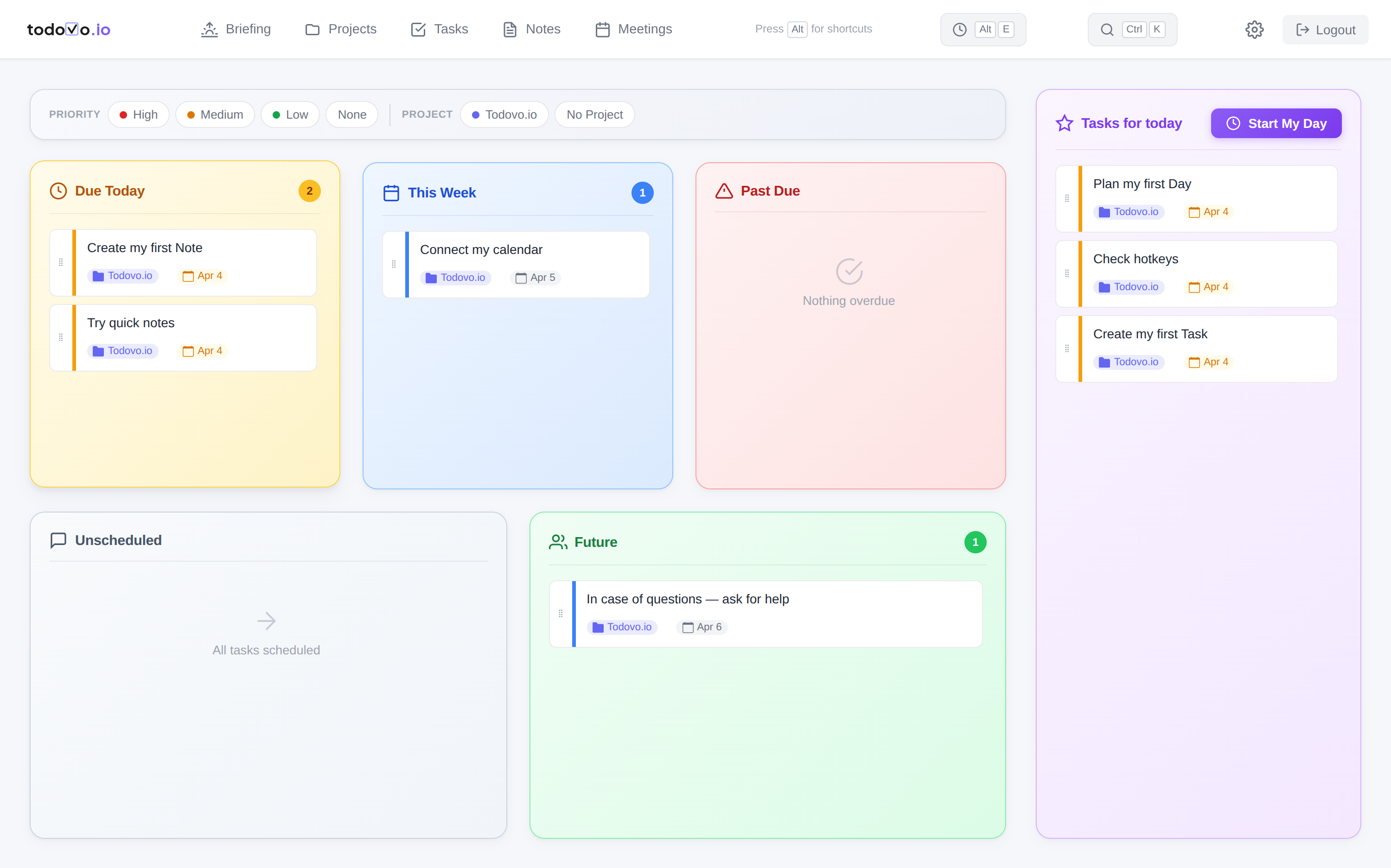 todovo.io day planner showing task categories and drag-and-drop daily planning